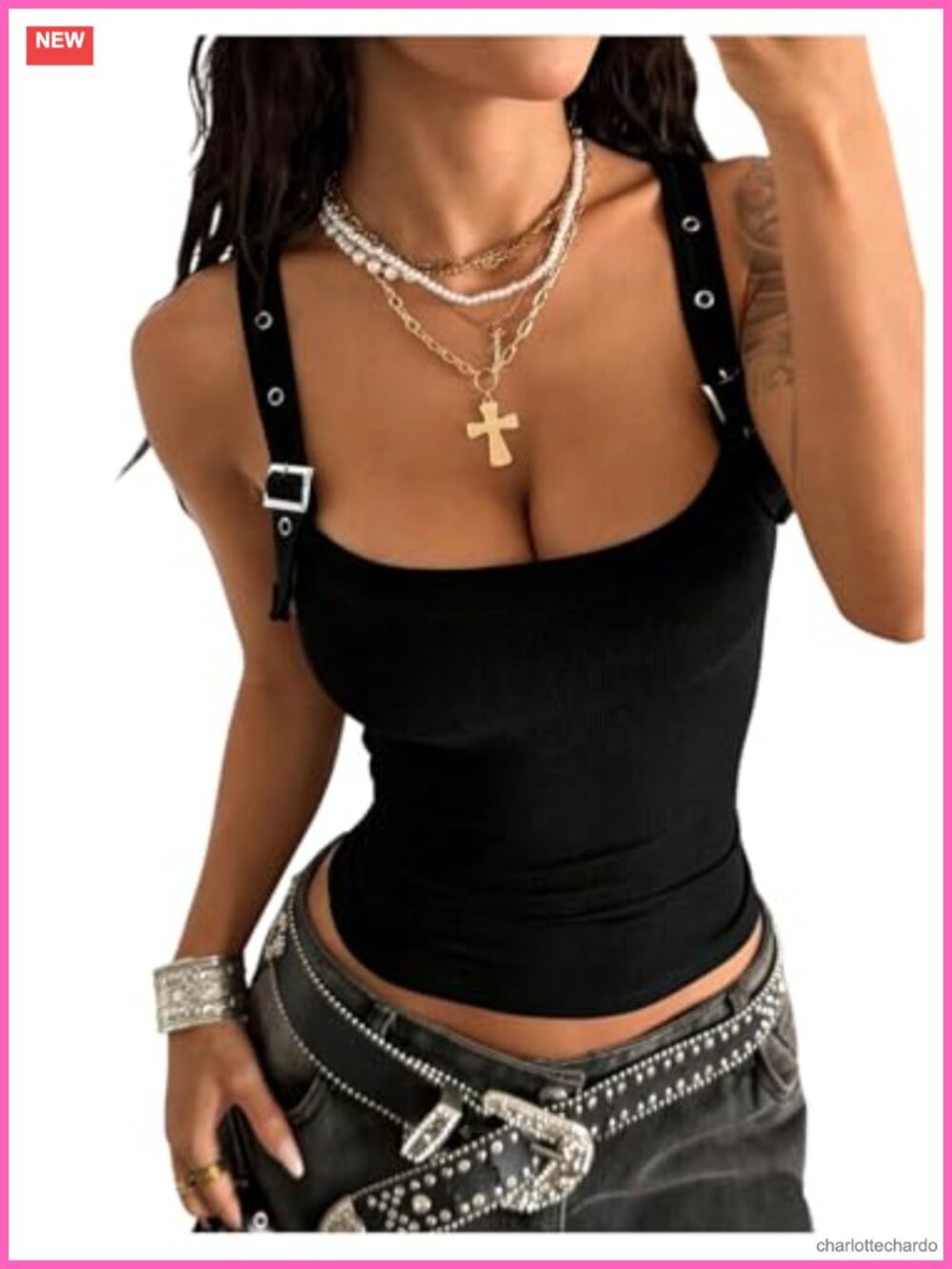 Y2K Buckle Tank Top Scoop Neck Sleeveless Slim Fit Ribbed Knit Women's Summer